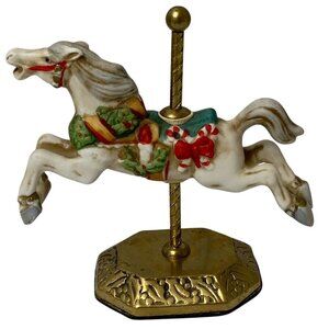 Christmas Carousel Horse Figurine Ceramic Brass 4" Holiday Decor